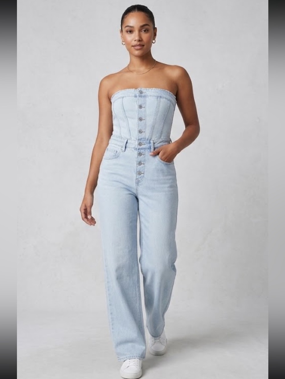Good American Strapless Corset Denim Jumpsuit Light Wash Wide Leg Size 1 / Small